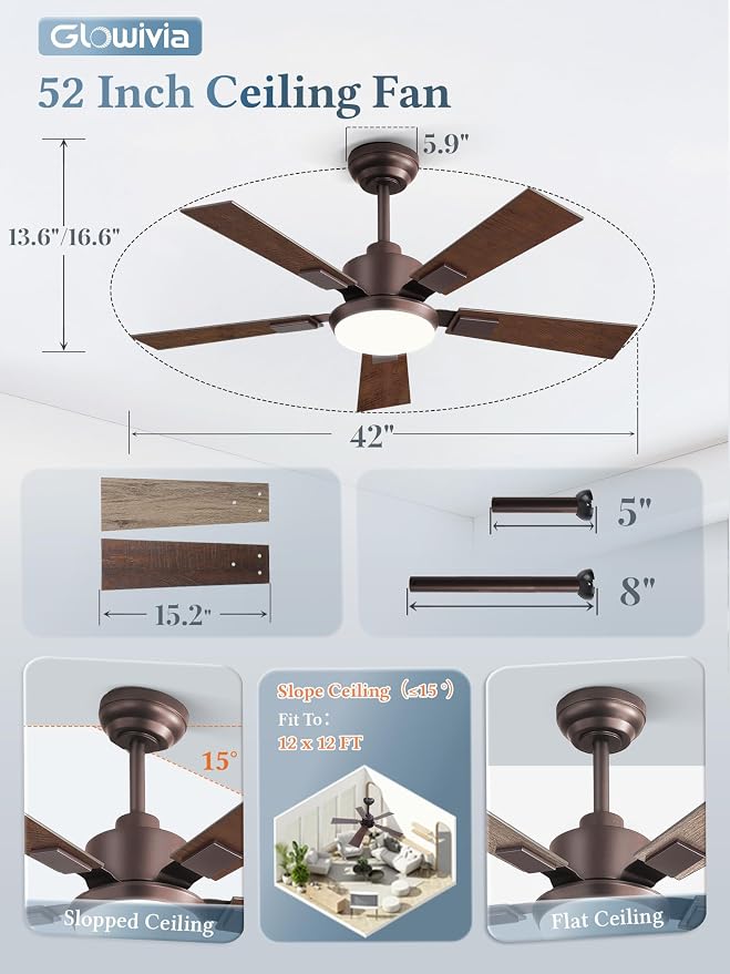 42 Inch Ceiling Fans with Lights and Remote&APP Control, Bronze Smart Ceiling Fan with 3000-6000K Dimmable, 6 Speeds Quiet Reversible Motor, Indoor/Outdoor Ceiling Fan for Bedroom Living Room