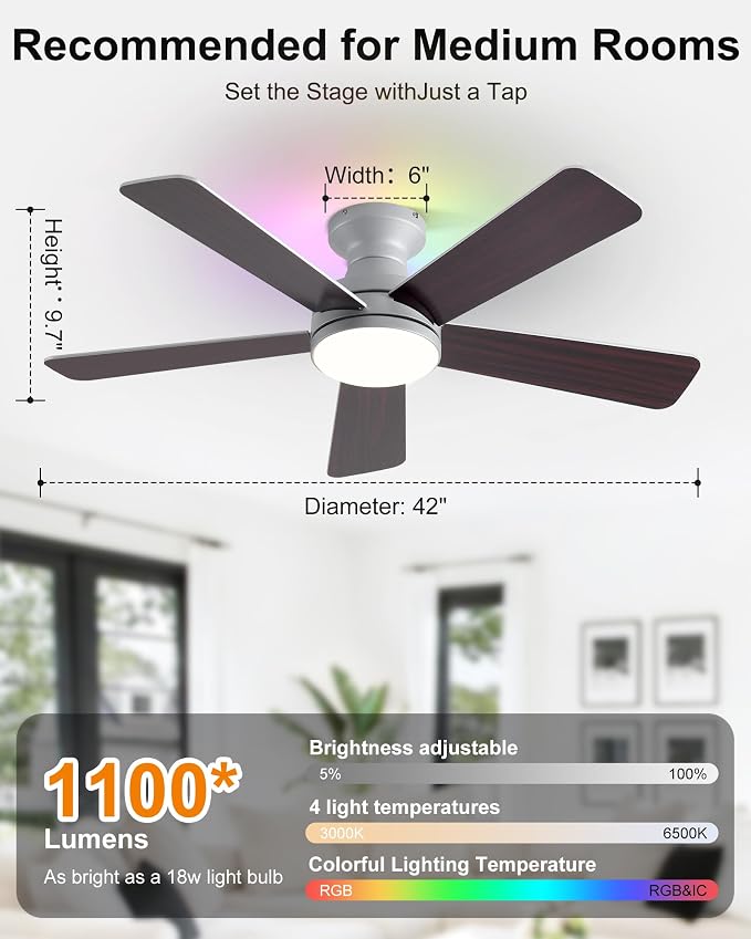 42 Inch Ceiling Fans with Lights, Smart Ceiling Fan with Alexa, Silver Ceiling Fan with RGB Lights Remote, 6 Speeds Reversible DC Motor, Modern Flush Mount for Bedroom Living Room