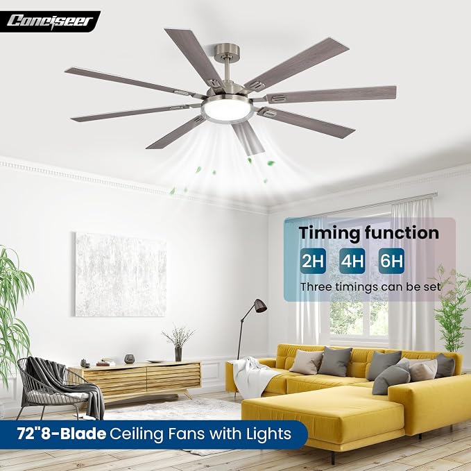 72 Inch Ceiling Fans with Lights and Remote, Living Room Office Industrial, 5CCT Dimmable, Dual Color 8 Blades, 6 Speed Reversible Quiet DC Motor, Double-Layer Lampshade, Sand-nickel/Wood Grain