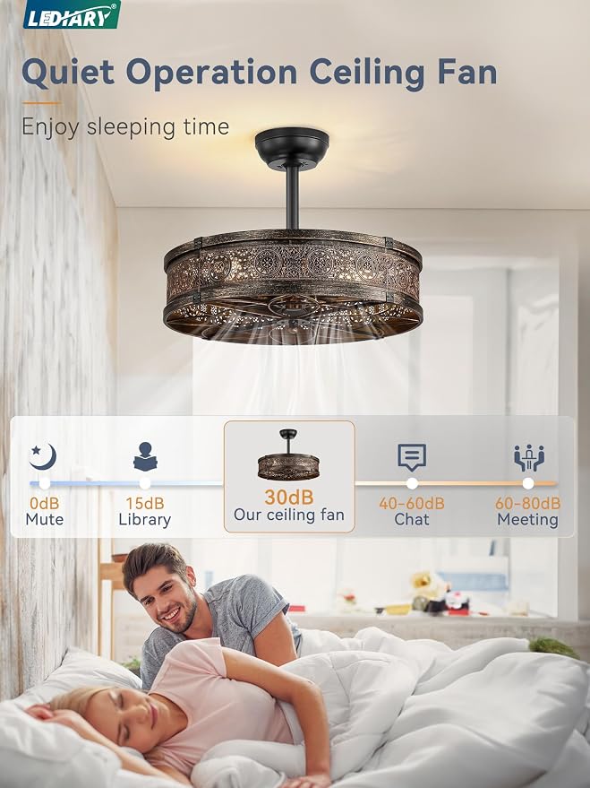 LEDIARY Farmhouse Chandelier Ceiling Fan with Light,20 Inch Black Gold Caged Enclosed Bladeless Fan Lights Ceiling Fixtures,Vintage Victorian Rustic Fandelier for Indoor,Kitchen,Bedroom,Living Room