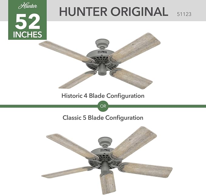 Hunter Original, Outdoor or Indoor, Ceiling Fan, 52 inch, Matte Silver | No Light, Standard Mount, Pull Chain, 5 Blades, For Living Room, Patio, Porch, Garage, 51123