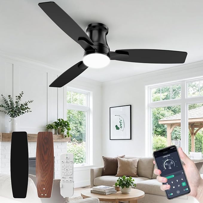 48 Inch Flush Mount Ceiling Fan with Light, Reversible Quiet DC Motor, Dimmable LED & 3CCT, 6 Speeds, Remote & APP Control, Black Modern for Bedroom Living Room