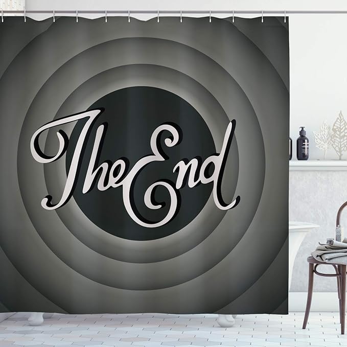 Ambesonne 1950s Shower Curtain, Vintage Movie Ending Screen Camera Hollywood Industry Film and Television, Cloth Fabric Bathroom Decor Set with Hooks, 69" W x 84" L, Grey Green