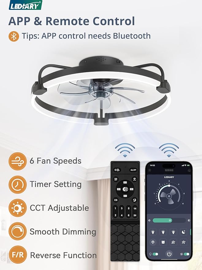 LEDIARY 2 Pack Ceiling Fans with Lights and Remote, 20'' Low Profile Ceiling Fan with Light, 3000-6000K Dimmable Fandelier LED Fan Light, 6 Wind Speeds, Black Flush Mount Ceiling Fan for Bedroom