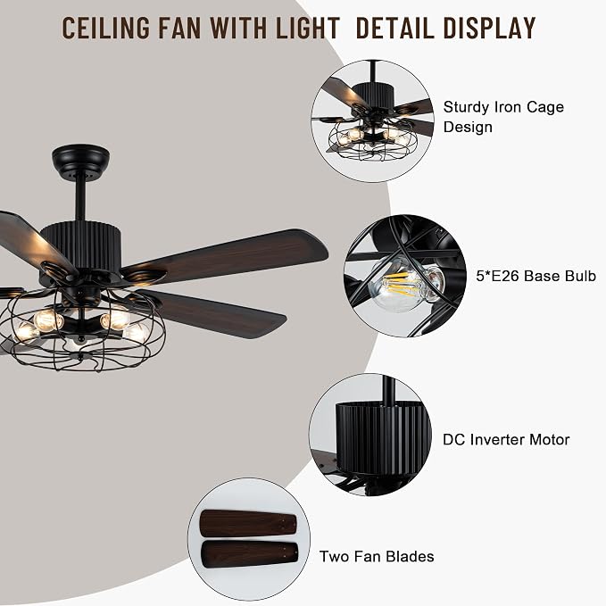 52" Industrial Ceiling Fans with Lights and Remote Control | Caged Rustic Retro Chandelier Ceiling Fan with Reversible Motor,5 Double Colour Blades for Dining Room Living Room Bedroom
