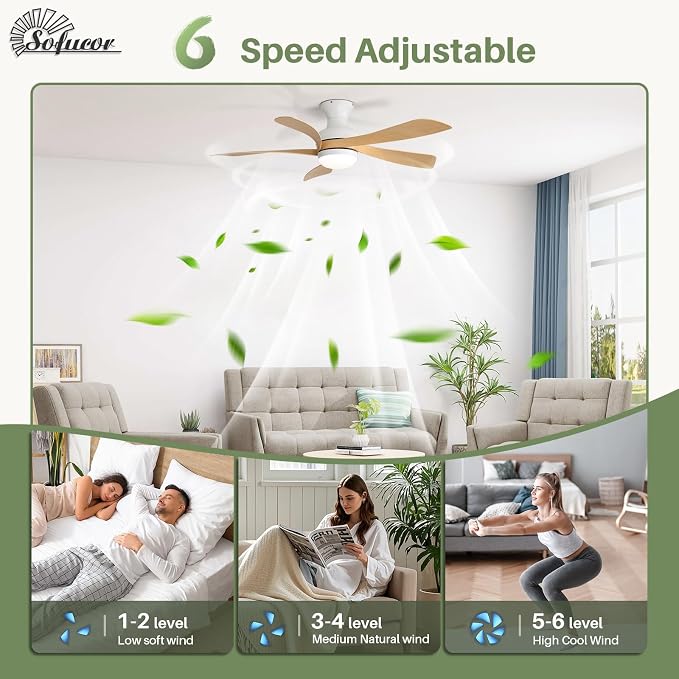 Sofucor Smart 42'' Low Profile Ceiling Fan with Lights and Remote, Flush Mount Ceiling Fan Work with APP/Alexa/Google for Modern Bedroom Living Room Patio, Dimmable LED Quiet Reversible DC Motor