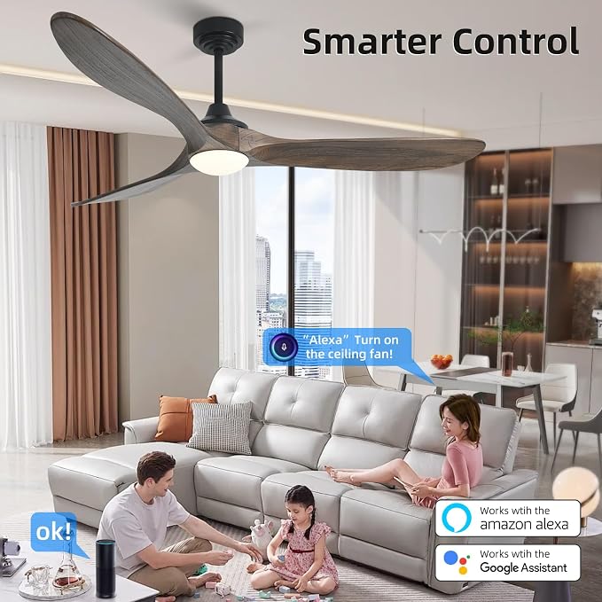 60” Outdoor Ceiling Fan with Light 3 Downrods, Smart Wood Ceiling Fan Compatible with Alexa/Google/App, 3 Blades Modern Walnut Wood Ceiling Fans for Kitchen Living Room Patio,Dark Brown