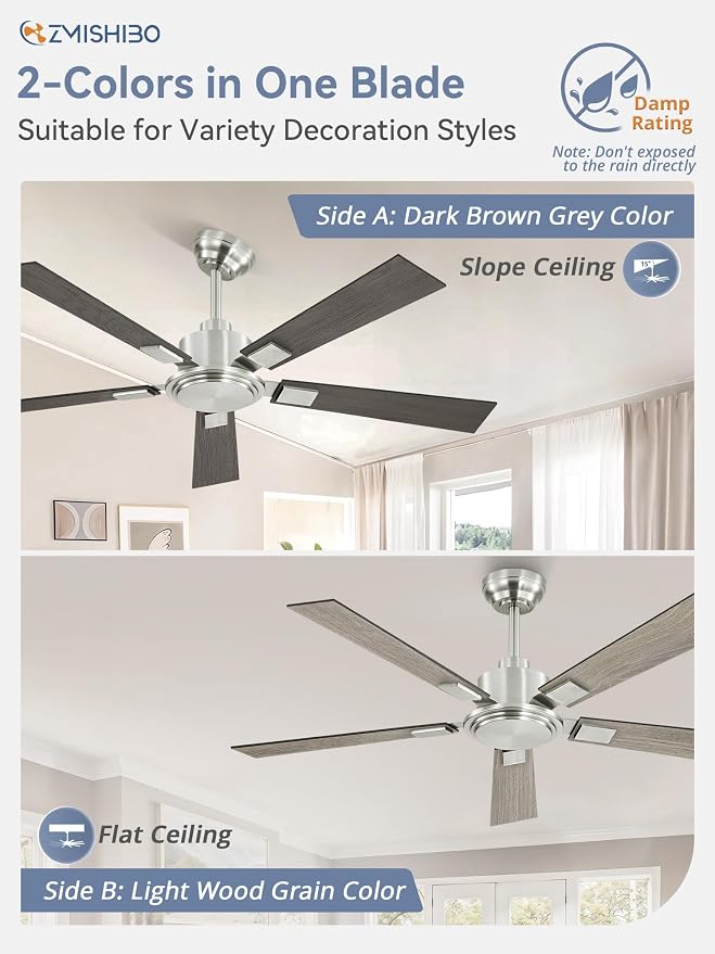 ZMISHIBO 52 Inch Ceiling Fan No Light with Remote Modern Nickel Ceiling Fan with Quiet Reversible DC Motor, 6-Speeds 5 Blades, Indoor/Outdoor Ceiling Fans Without Light for Patios, Living Room, Garage