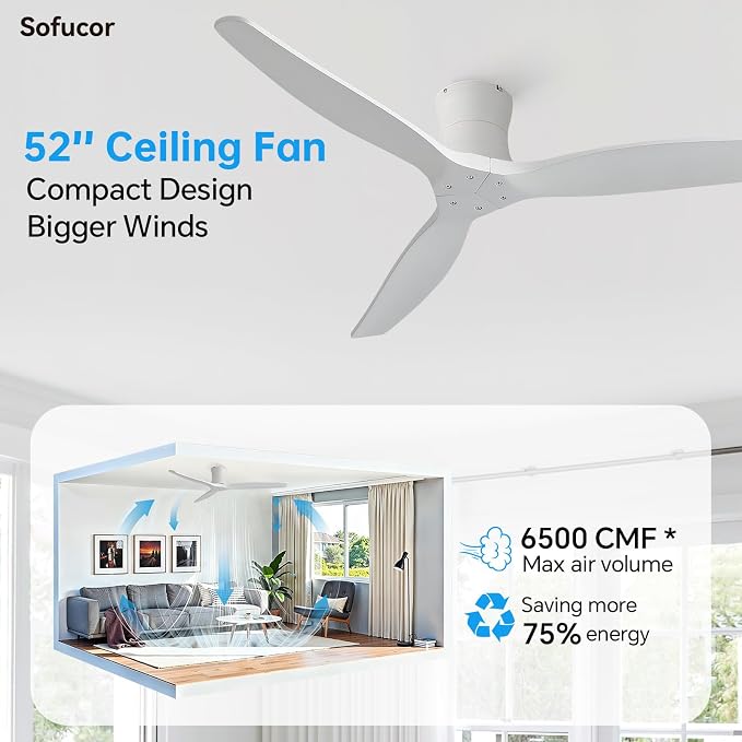 Sofucor 52" Solid Wood Ceiling Fan No Light, Low Profile Flush Mount Ceiling Fan with Remote, Outdoor Modern Ceiling Fan 6-Speed Timing Reversible DC Motor Noiseless for Living Room Bedroom Patio
