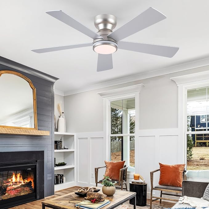 RGB Ceiling Fans with Lights, 46" Flush Mount Ceiling Fan with Remote APP, RGB+3CCT Dimmable Led Light, Reversible 6 Wind Speeds&2H Timer, Low Profile Modern Fan Light Fixture for Bedroom Party Silver