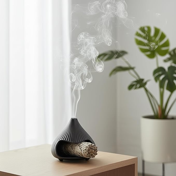 Retro Ceramic Palo Santo Holder, Sage Smudge Burner, Mini Fireplace Mount Fuji Chimney Incense Ash Catcher, Boho Zen Meditation Home Decor Gift (Matte Black)