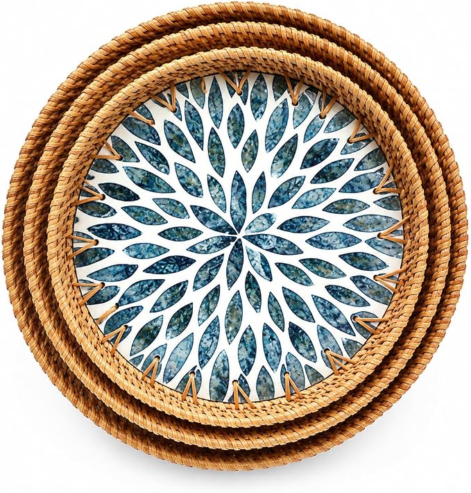 Round Rattan Tray with Mother of Pearl Inlay, Set of 3 Serving Trays for Coffee Table, Decorative Wicker Woven Ottoman Tray for Table Home Decor, Kitchen, Coffee, Bread, Fruits