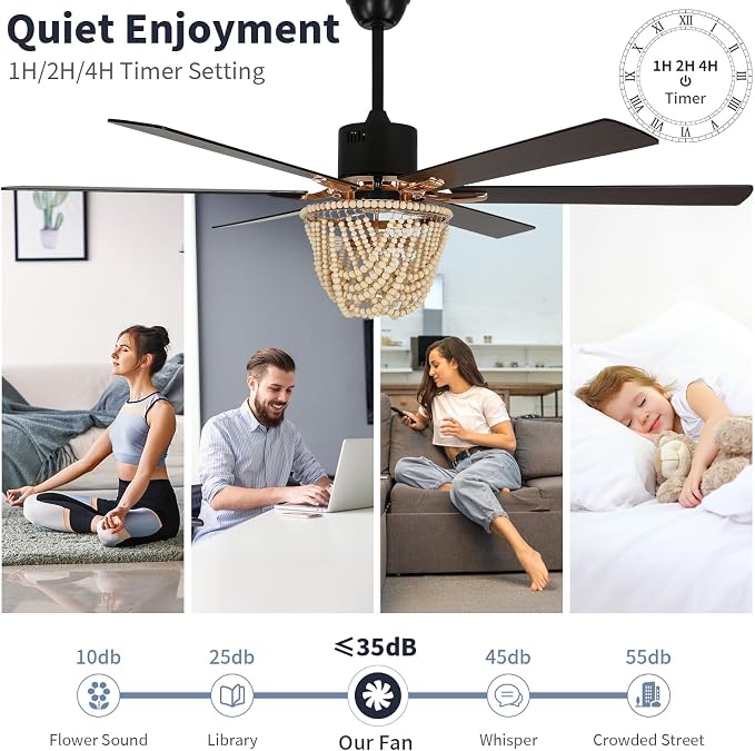 65 Inch Ceiling Fan with Lights and Remote, Wooden Bead Fandelier, 6 Speeds DC Motor Chandelier Fan, Vintage Farmhouse Ceiling Fan for Living, Dining Rooms, Bedroom, Patios, Shop, Ventilador de Techo