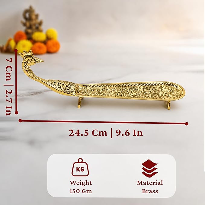 Putrika Brass Incense Stick Holder | Agarbatti Burner with Ash Catcher | Dhoop Batti Stand for Puja | Pooja Use – Peacock Engraved Design [24cm, 170g]