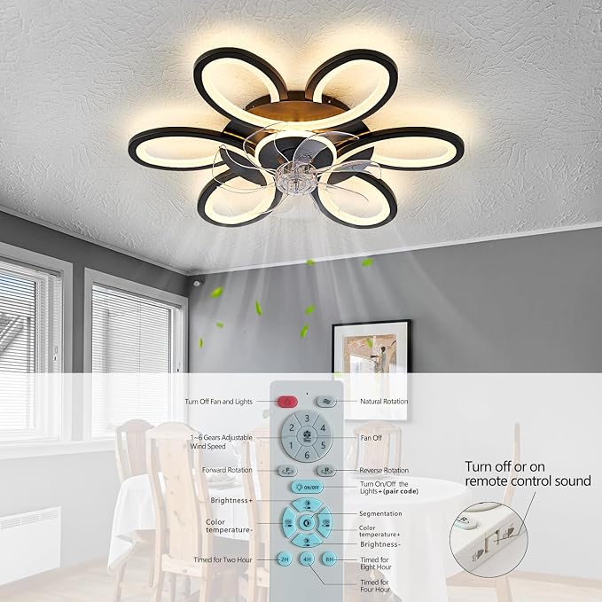 Black-Star Ring Ceiling Fans with Lights and Remote, 27 Inch Modern Low Profile Flush Mount Ceiling Fan, Dimmable LED Ceiling Light Fixture, Small Ceiling Fans for Bedroom, Kitchen, Indoor-Black