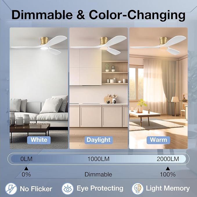 52 Inch Wood Ceiling Fans with Lights and Remote,Low Profile Flush Mount Ceiling Fan with Light,Outdoor Indoor Modern Ceiling fan for Bedroom Living room Patio,White and Gold,3 Blades,Reversible,Quiet