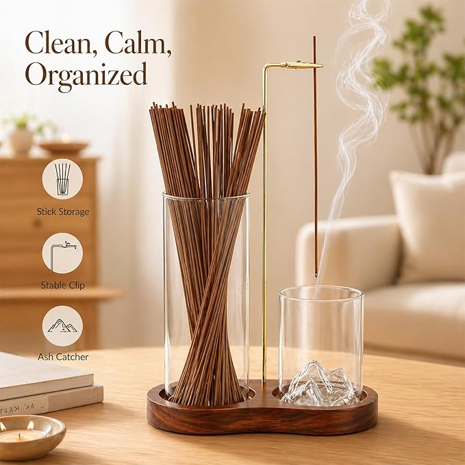 2-in-1 Walnut Wood Glass Incense Holder for Sticks, Anti-Ash Flying Incense Burner with Glass Ash Catcher & Incense Storage, Incense Stick Holder for Meditation, Yoga, Spa, and Home Decor