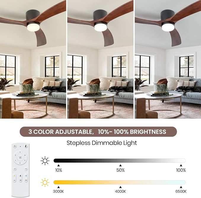 GESUM 52" Ceiling Fan With Lights Remote Control, Low Profile Ceiling Fan with 3 Walnut Wood Blades, Reversible,Dimmable, Flush Mount Ceiling Fans for Living Room Kitchen Bedroom(Black+Walnut)