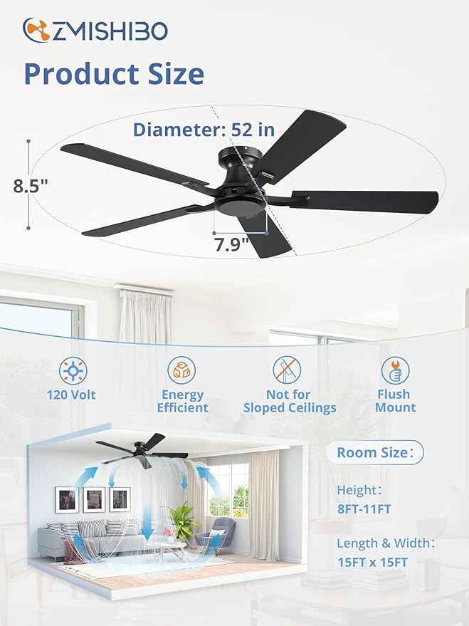 ZMISHIBO 52 Inch Ceiling Fan No Light, Flush Mount Low Profile, Modern Black Ceiling Fan Without Light, Remote Control & Quiet DC Motor, for Indoor&Outdoor, Bedroom, Living Room