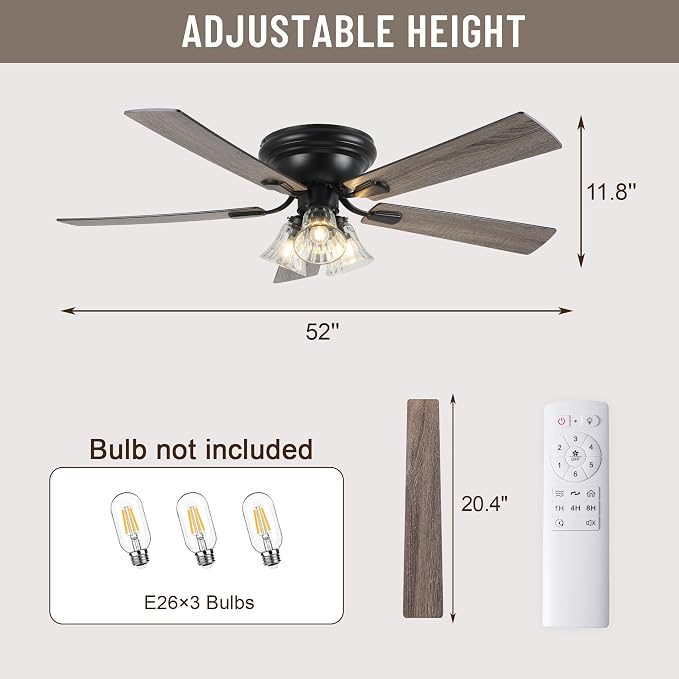 52'' Flush Mount Ceiling Fans with Lights and Remote Control | Reversible DC Motor,5 Reversible Blade,6 Speeds,Rustic Farmhouse Ceiling Fan for Living Room,Dining Room,Bedroom