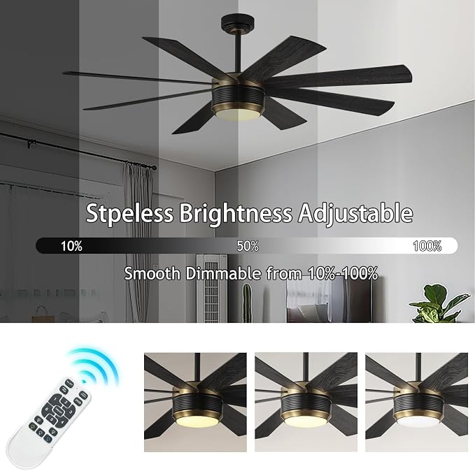 SHOWDI Ceiling Fans with Lights and Remote, Black Gold 60 in | 2 Blade Color, Metal Material, App Remote Control, Timer, Reversible, 3CCT, Dimmable for Bedroom, Living room, Indoor