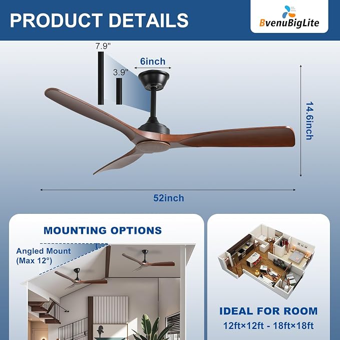 Ceiling Fan Without Light: 52 Inch Outdoor Fan for Patios - Walnut Ceiling Fan No Light Indoor - Modern 3 Blade Fan with Remote APP Control Reversible 6 Speed DC Motor