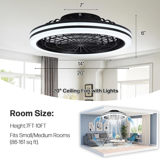20" Bladeless Ceiling Fans with Light Remote Control,LED Smart Flush Mount Ceiling Fan With light for Bedroom, Kids Room, Reversible Motor, 6 Wind Speed, 3000LM, 57W-White/Black (Black2)