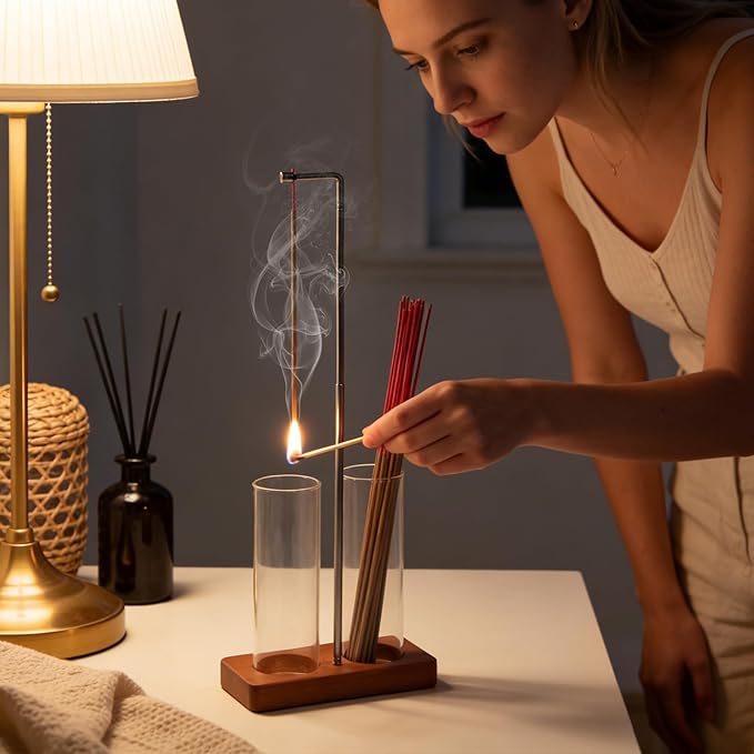 Adjustable Incense Holder for Sticks, 2 in 1 Incense Burner with Glass Ash Catcher, Upside Down Incense Holder with Threaded Lock, Modern for Meditation Yoga Spa Home Decor (Extends 8.7"-13.4")