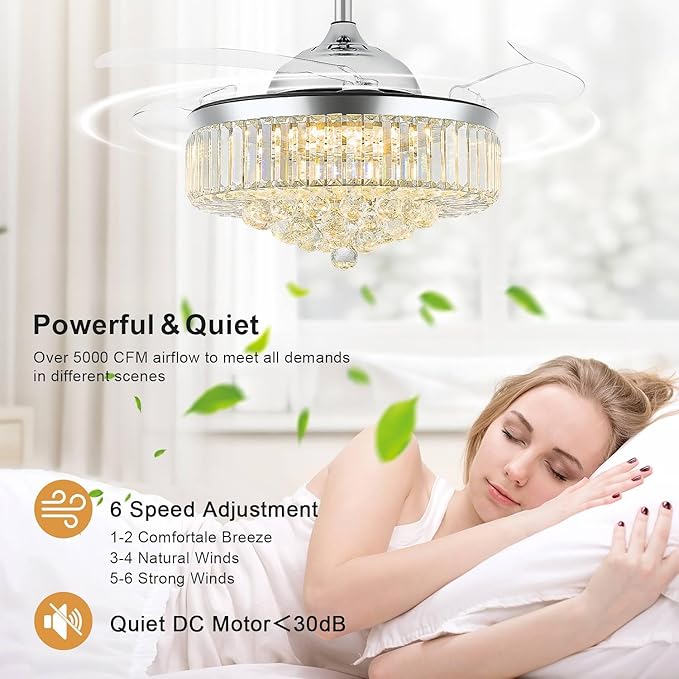 FIDGRA 42'' Fandelier Ceiling Fan with Light, Retractable Chandelier Fan, 3 Color Temperature, 6 Wind Speed, Crystal Ceiling Fan for Bedroom Living Room Dining Room-Chrome