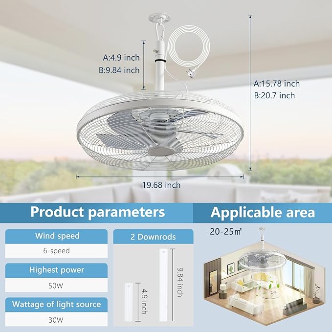 AHAWILL Outdoor Ceiling Fans with Lights, 20'' Gazebo Fan, Plug in Ceiling Fan for Patios, Pergola, Ceiling Fan with Remote Control, Hanging with Hook,Black