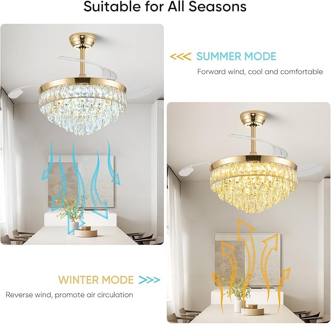 48 Inch Chandelier Ceiling Fan with Lights, Retractable Fan with Remote and APP, Crystal Fandelier Ceiling Fan, Dimmable LED, Reversible Motor, Quiet for Bedroom Living Room-Gold