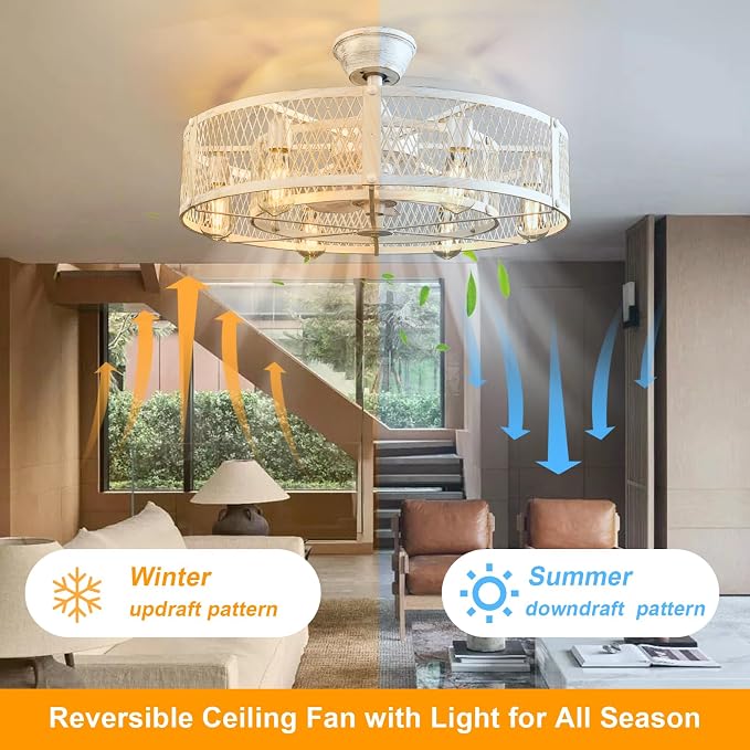 Depuley Cage Ceiling Fan with Light: Rustic Cement Caged Ceiling Fan Light Fixture - Flush Mount Ceiling Fans with Remote - 26 in Industrial Low Profile Fandelier for Kitchen Indoor Dining Room