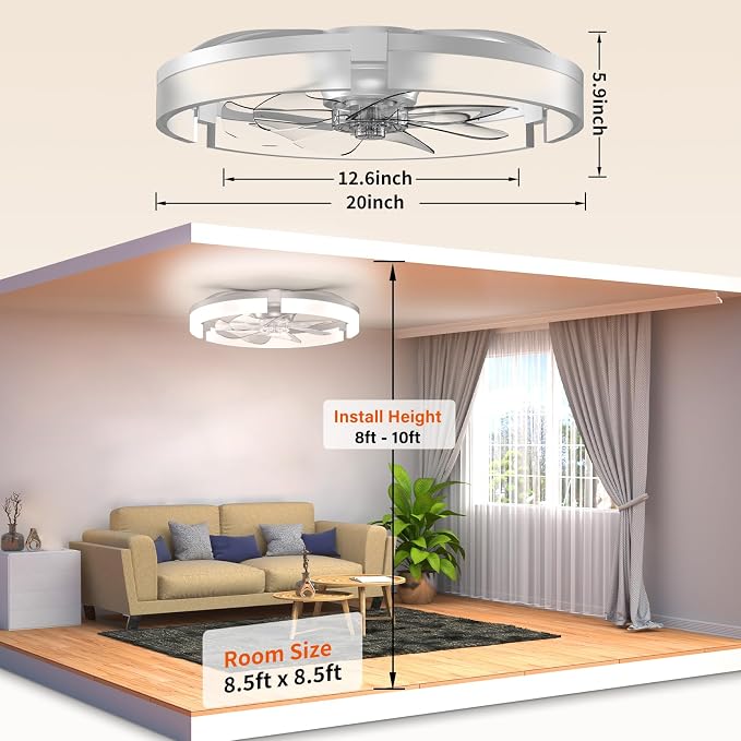 Ceiling Fans with Lights and Remote, 20'' Low Profile Ceiling Fan with APP Control, 3000K-6500K Dimmable, Quiet Reversible DC, Modern Flush Mount Fandelier for Bedroom (White-Frosted)