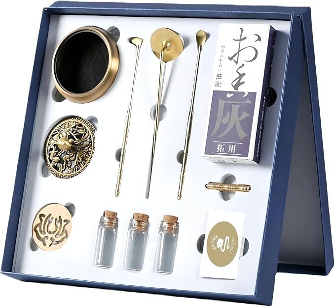 Yoga & Meditation 16pcs Incense Burner Kit - Complete Ash Powder Burner Set with Brass Censer, Art Mold Tools & Chinese Incense Burner in Gift Box for Relaxation, Home Fragrance