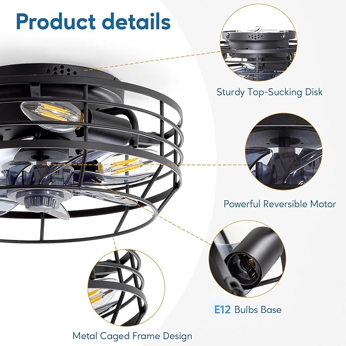 Farmhouse Caged Ceiling Fan with Light, Bladeless Flush Mount Fan Lights Ceiling Fixtures with Remote, 12 in 6 Speeds Indooor Lights for Kitchen, Living Room, Bedroom, Black