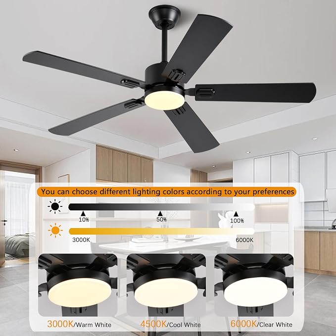 FUMLTP 56 inch Black Ceiling Fans with Lights and Remote/App Control, DC Reversible Motor, Noiseless, Dimmable, 6 Speeds Low Profile Modern Ceiling Fan for Livingroom, Indoor/Outdoor Use
