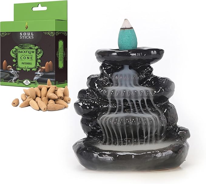 SOUL STICKS Handmade Ceramic Backflow Incense Burner with Cascading Waterfall Effect – Zen Decor for Home, Office & Meditation Aromatherapy Cone Holder Gift Set with 10 Fragrance Cones (Emerald Falls)