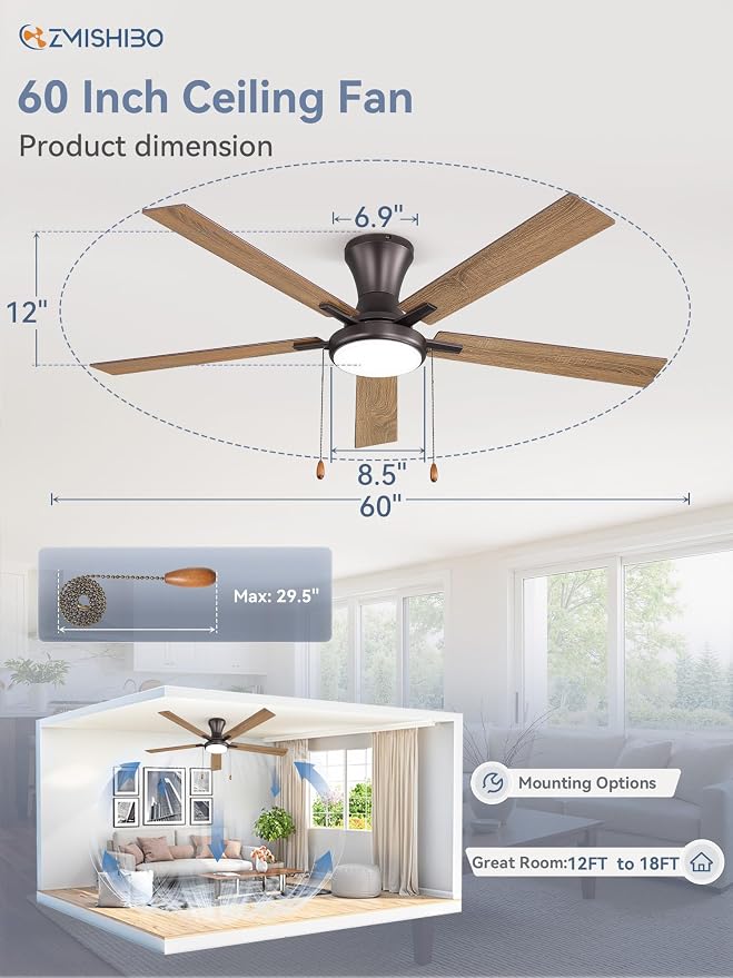 ZMISHIBO Ceiling Fans with Lights, Low Profile Ceiling Fan with Pull Chain and Remote Control, Flush Mount, Reversible, Dimmable, Noiseless, Black Pull Cord Ceiling Fan for Bedroom(60inch Brown)
