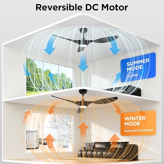 Roomratv Ceiling Fans with Lights, 52 Inch Black Ceiling Fan with Remote Control, Quiet Noiseless Reversible DC Motor 6 Speeds Timers 3 CCT Dimmable Modern Fan Light Indoor for Bedroom Living Room