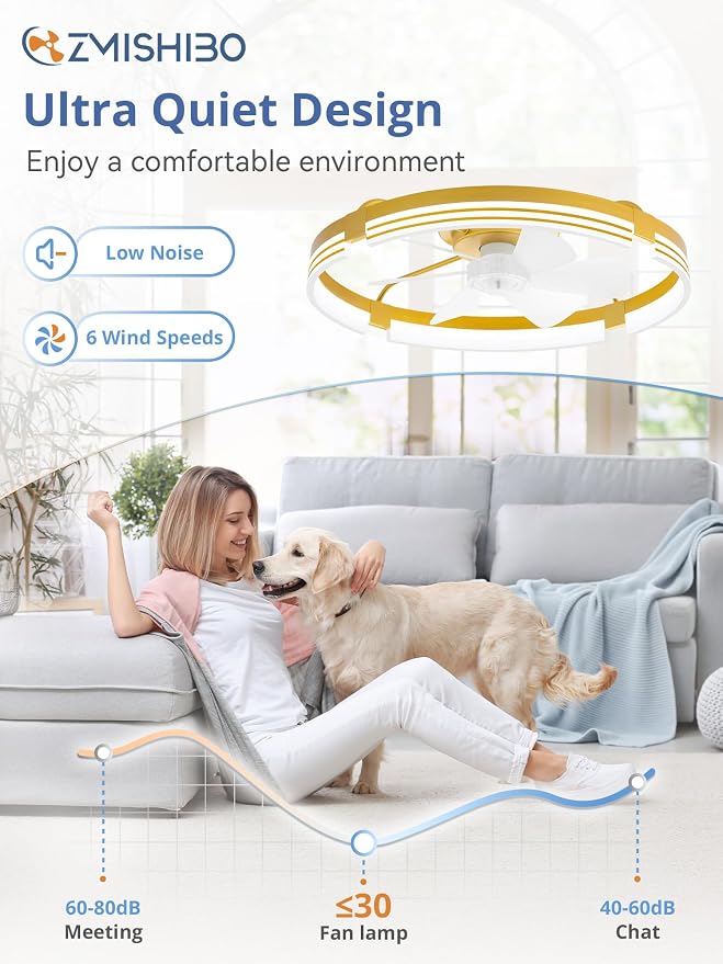 ZMISHIBO 24 Inch Low Profile Ceiling Fans with Lights and Remote, 3000K-6000K Dimmable Fandelier LED Fan Light, Flush Mount Ceiling Fan with Light, 6 Wind Speeds Ceiling Fans for Bedroom- Gold