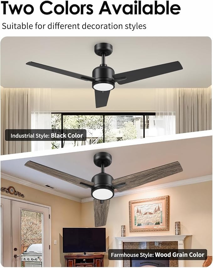 Newday 52 inch Ceiling Fans with Lights and Remote, Black 3 Blade Outdoor Fans for Patios -Dimmable Indoor DC Motor, 6 Speed, Quiet Noiseless, 3 CCT, Reversible, High CFM