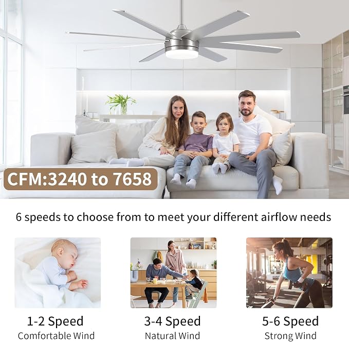 YUHAO 62 Inch Brushed Nickel Ceiling Fan with Light and Remote Control.Noiseless,Dimmable,3CCT,6 Speeds Reversible, DC Ceiling Fans for Indoor or Covered Outdoor Use.ETL Listed