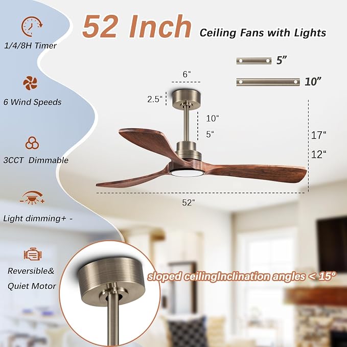 52inch silent ceiling fan with remote control, in antique bronze and walnut | 3CCT, mobile app, full memory function, for use in living rooms, dining rooms, bedrooms, offices, balconies, and outdoors.