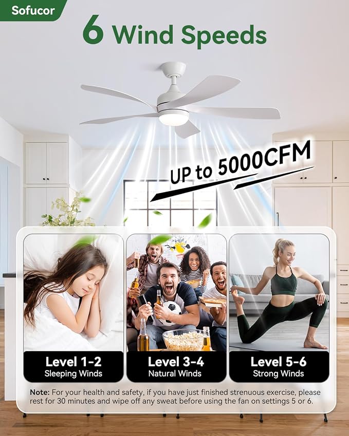 Sofucor 52" Smart Ceiling Fan, Indoor/Outdoor White Ceiling Fans with Lights and Remote, Works with Alexa/Google/App, 3-Color Light 6-Speed Timing Reversible DC Motor for Bedroom Living Room Patio