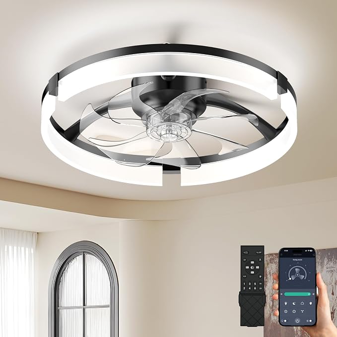 Ceiling Fans with Lights and Remote, 20'' Low Profile Ceiling Fan with APP Control, 3000K-6500K Dimmable, Quiet Reversible DC, Modern Flush Mount Fandelier for Bedroom (Black-Frosted)