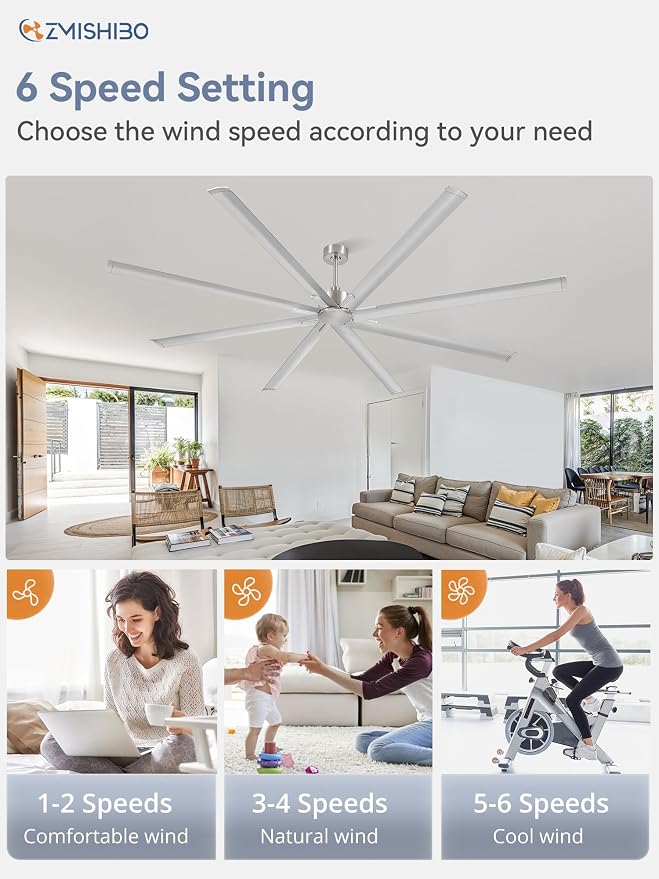 ZMISHIBO 108 Inch No light, Large Industrial High Volume (HVLS) Ceiling Fan with Reversible DC Motor, 8 Aluminium Blades, Modern Commercial Ceiling Fan without Light for Garage/shop/living room,Nickel
