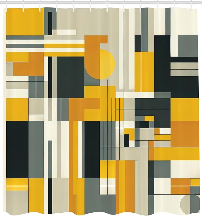 Ambesonne Yellow Shower Curtain, Abstract Modern Symmetric Vertical Lines and Geometric Shapes Paint Print, Cloth Fabric Bathroom Decor Set with Hooks, 69" W x 75" L, Orange Beige Dimgray
