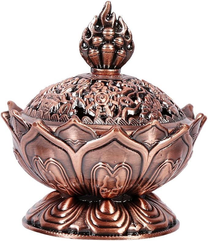 Walfront Metal Incense Cone Holder Lotus Bowl Zinc Alloy(Red-bronze), Desktop Ornament Supplies