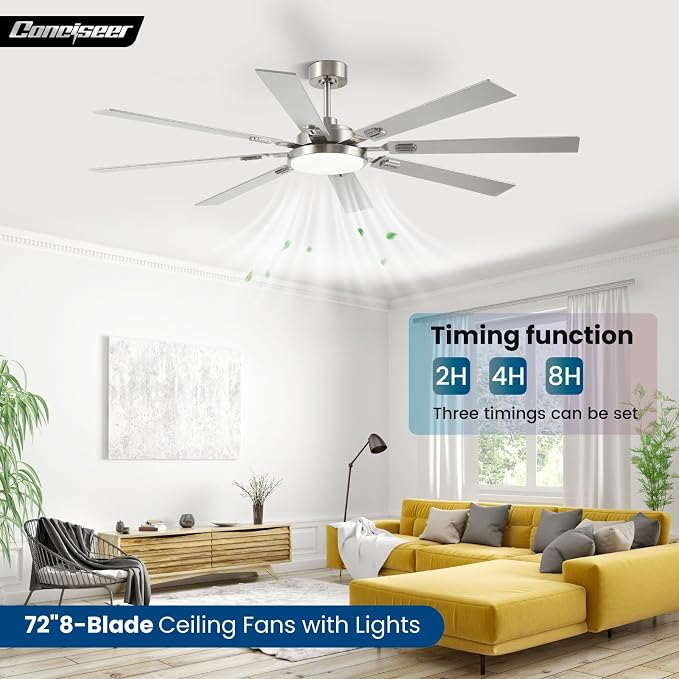 72 Inch Ceiling Fans with Lights and Remote, Dual Color 8 Blades, Bedroom Living Room Office Library Cafe Outdoor Industrial, 3CCT Dimmable, 6 Speed Reversible Quiet DC Motor, Sand-nickel/Wood Grain