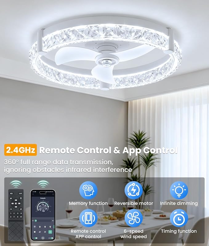 Ceiling Fans with Lights and Remote App 20'' Low Profile Ceiling Fan 3000-6500K Dimmable Modern Flush Mount Ceiling Fan Light LED 6 Speeds Fandelier Ceiling Fans for Bedroom Small Living Room